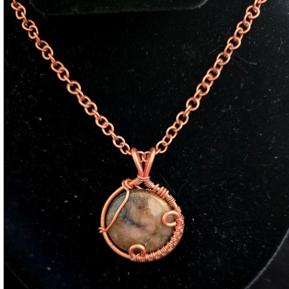 Handmade Copper Wire‎ Wrapped Jasper Stone Pendant Necklace Earthy Boho Artisan